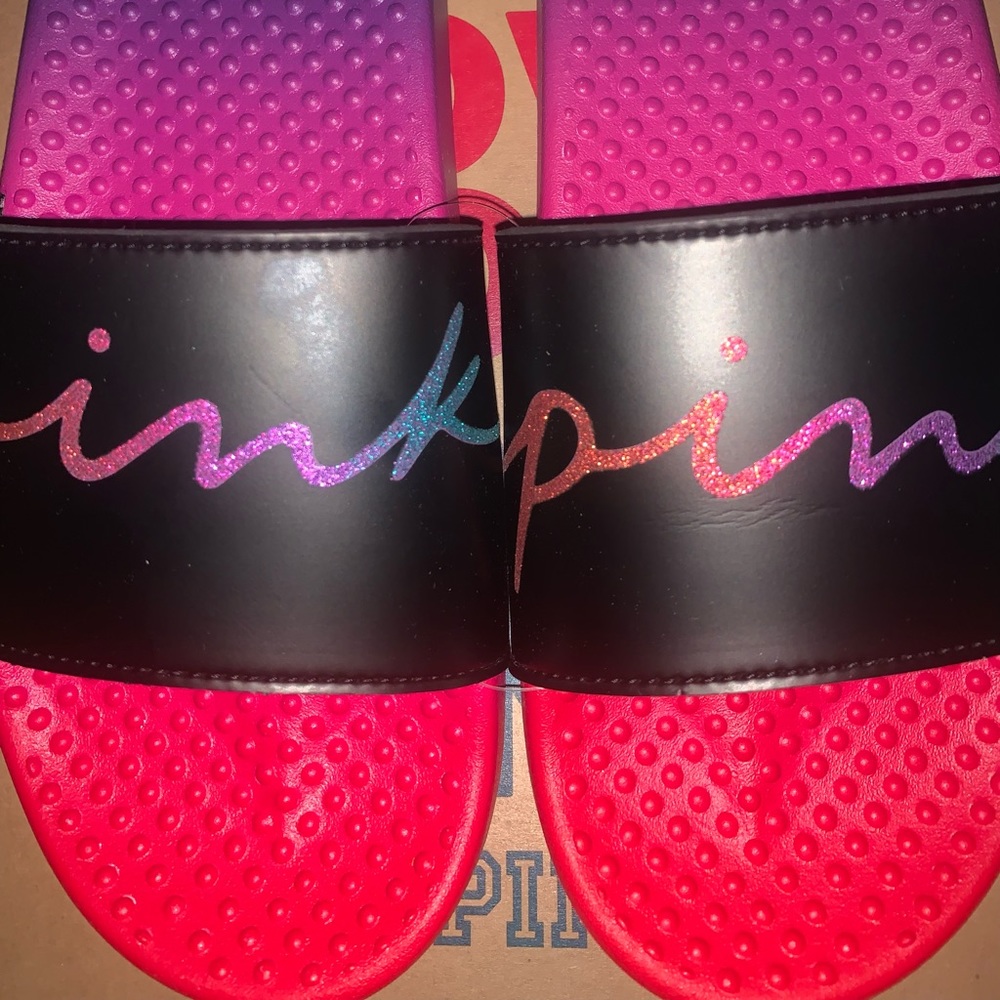 Victoria's Secret PINK Bling Ombre Rainbow Glitter Logo Slides Sandals L 9-10